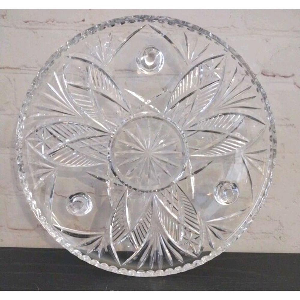 Vintage Cut Crystal Glass 3 Footed Cake Plate Star Flower 11"